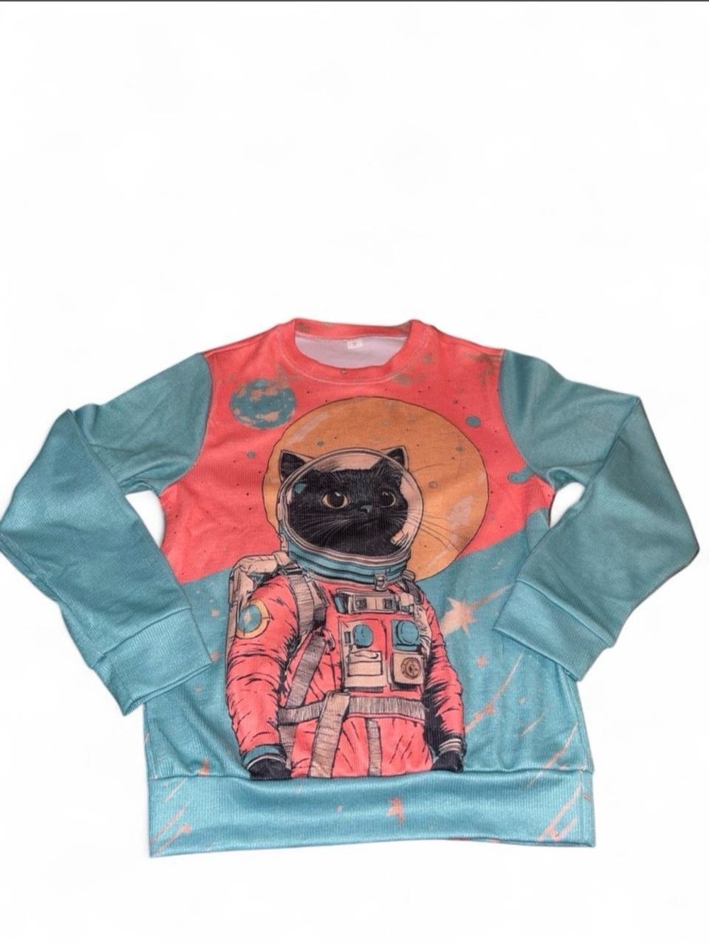 Space Cat Graphic Sweatshirt - Teal & Coral